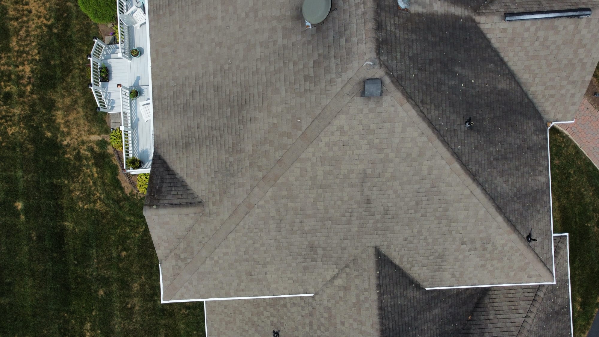 Before: plan view of the full roof showing the failed shingle field, valleys and vents